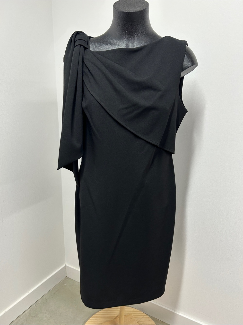 Calvin Klein Black Asymmetric Draped Neckline Sheath Dress